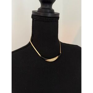 Vintage Dior Gold Tone Black Enamel Crystals Necklace statement costume jewelry